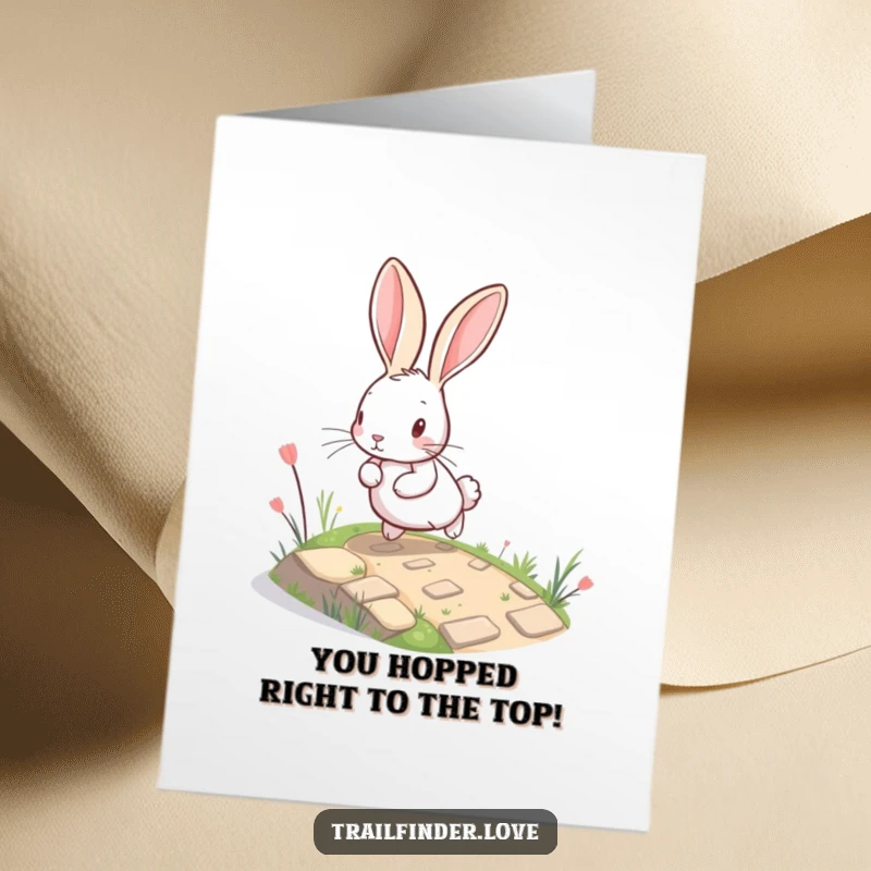 Funny Free Printable Congratulations Card: A joyful rabbit with enormous ears bounds up a mini path, celebrating success. Instant downloadable cheer!