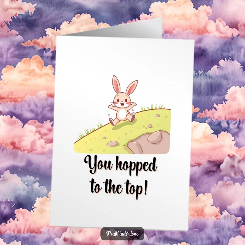 Funny Free Printable Congratulations Card: A cheerful rabbit energetically hopping uphill, symbolizing a triumphant achievement and success.