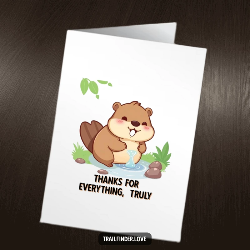 Funny Free Printable Thank You Card: A contented beaver character drinking from a stream, expressing thanks with a peaceful, humorous demeanor.