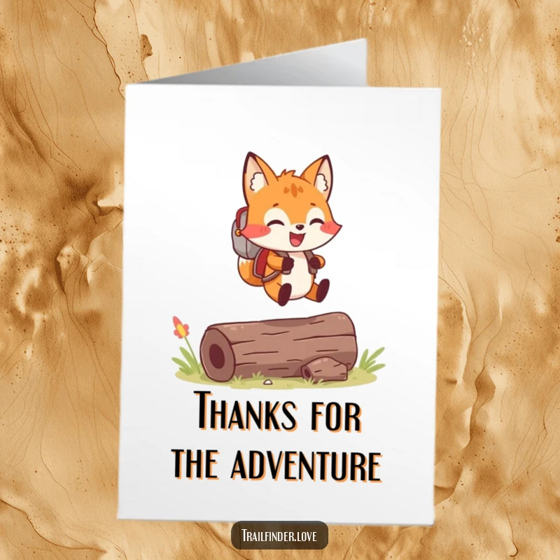Funny Free Printable Thank You Card: Cheerful fox with a backpack leaping over a log, a thankful adventure.