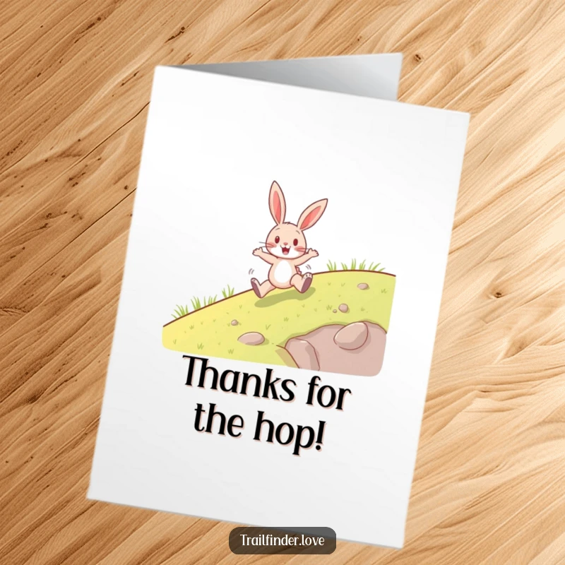 Funny Free Printable Thank You Card: A happy rabbit enthusiastically hopping uphill, conveying sincere gratitude with energetic joy.