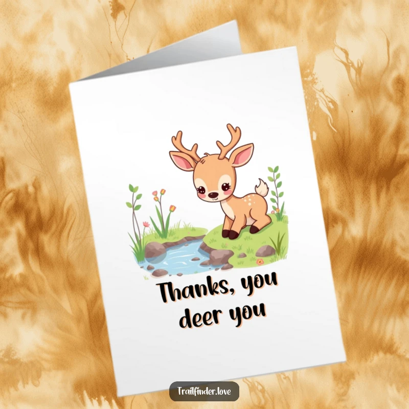 Calm Free Printable Thank You Card: A content deer peacefully grazing near a stream, offering a serene and sincere expression of gratitude.
