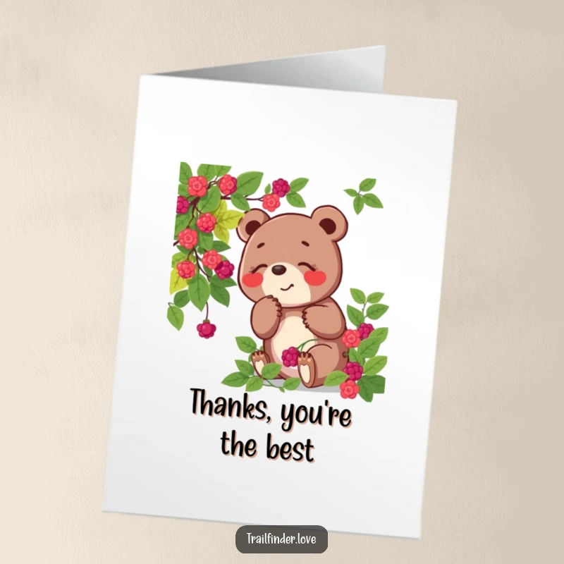 Funny Free Printable Thank You Card: A playful bear character delightedly sniffing a wild berry bush, conveying thanks with a sweet and humorous touch.