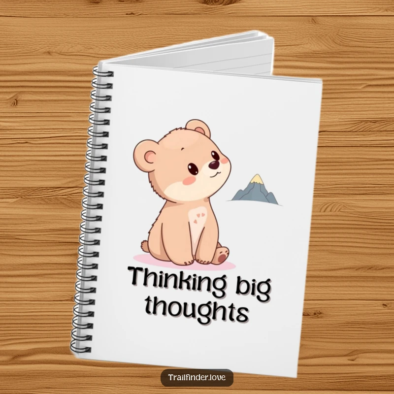Funny Bear Cub Notebook with a cute cub tilting its head towards a distant, tiny mountain, ideal for journaling dreams and creative ideas.