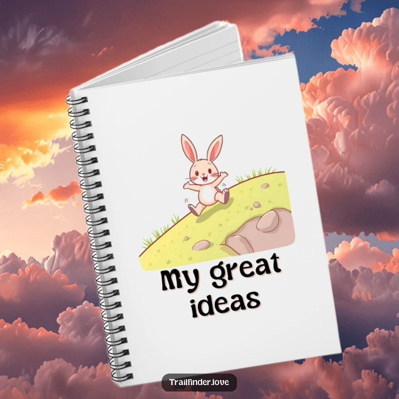Funny notebook with a happy rabbit character joyfully hopping uphill, perfect for notes and creativity, excellent funny gift.