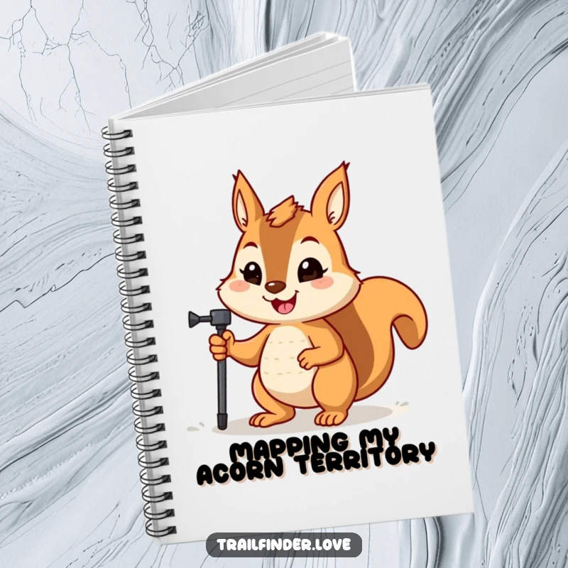 Funny notebook with a happy squirrel holding a hiking pole, its determined expression encouraging trail planning.