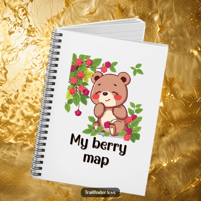 Funny notebook cover with a playful bear character joyfully sniffing a berry bush, inspiring sweet thoughts and creative planning.