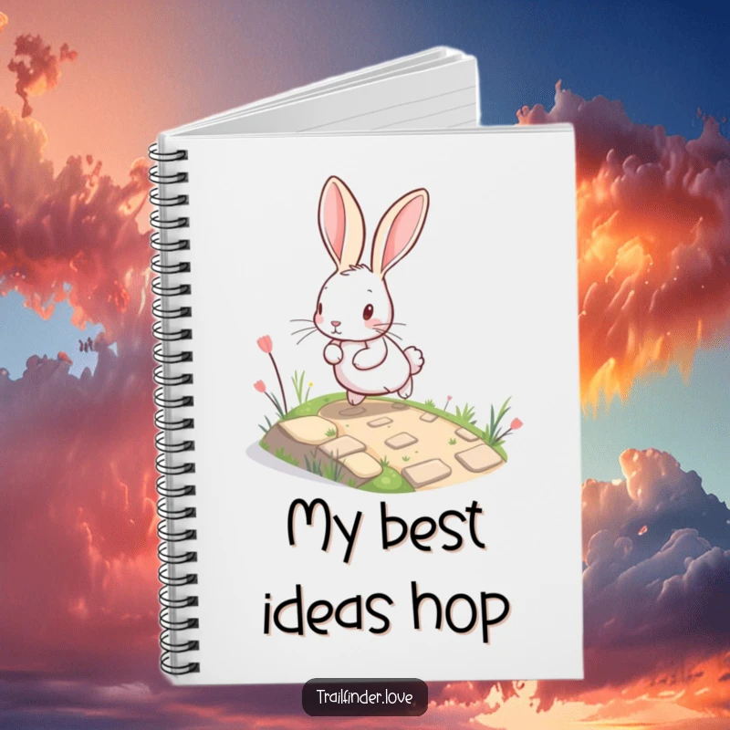 Funny Rabbit Notebook with a charming, big-eared bunny energetically bounding up a winding, miniature path, perfect for note-taking and creative expression.