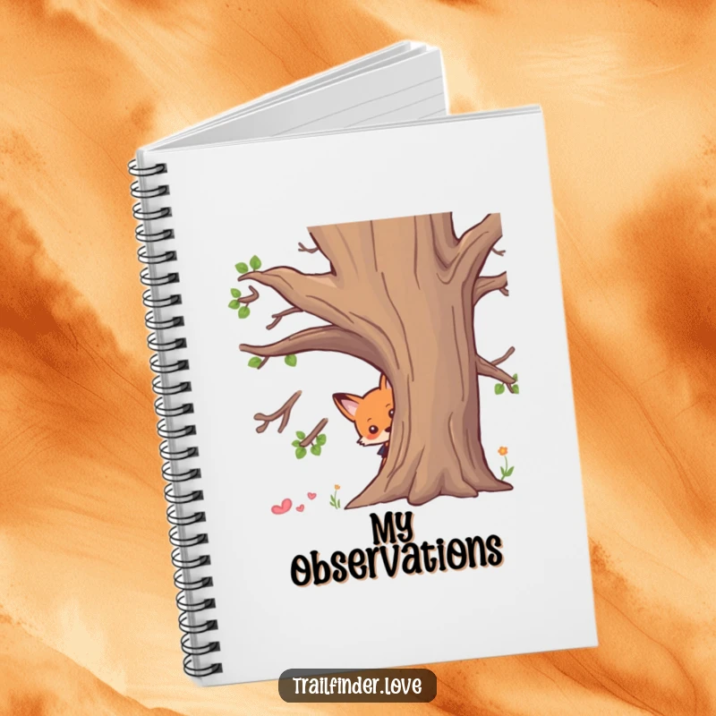 Funny notebook with a curious fox character peeking from behind a tree, perfect for notes and creative thoughts, excellent funny gift.