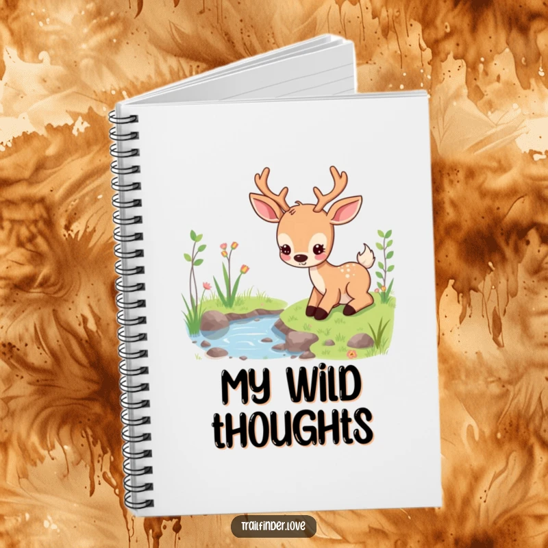 Funny notebook with a content deer character peacefully grazing near a stream, perfect for notes and reflections, excellent funny gift.