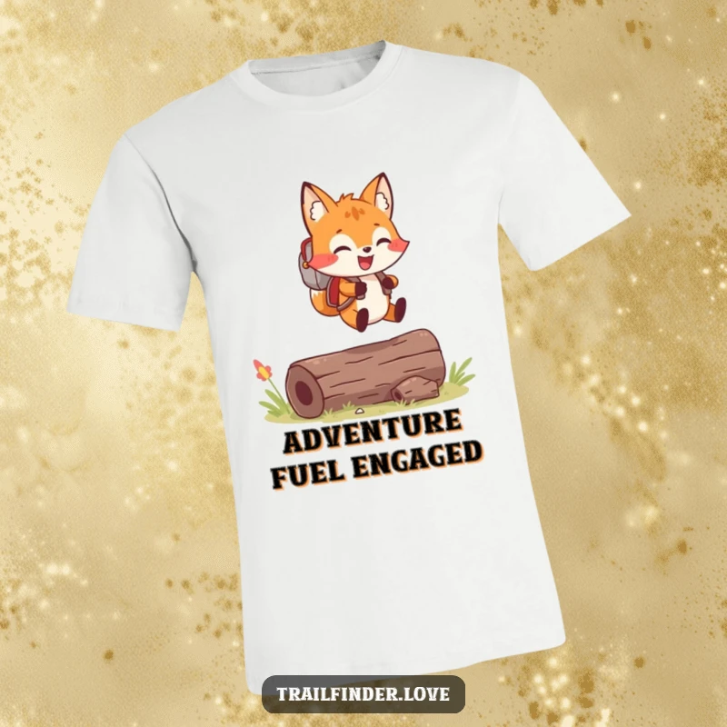 Funny t-shirt with a cheerful fox wearing a small backpack, mid-leap over a log, radiating joy.