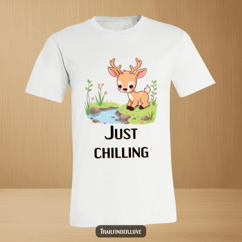 Funny t-shirt with a content deer character peacefully grazing near a stream, capturing a serene and idyllic moment, wonderful funny gift.