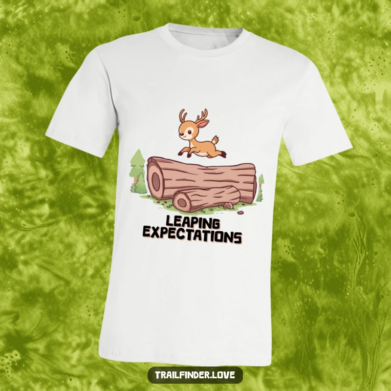 Funny t-shirt with a cartoon deer energetically leaping over a log, embodying freedom and outdoor fun.