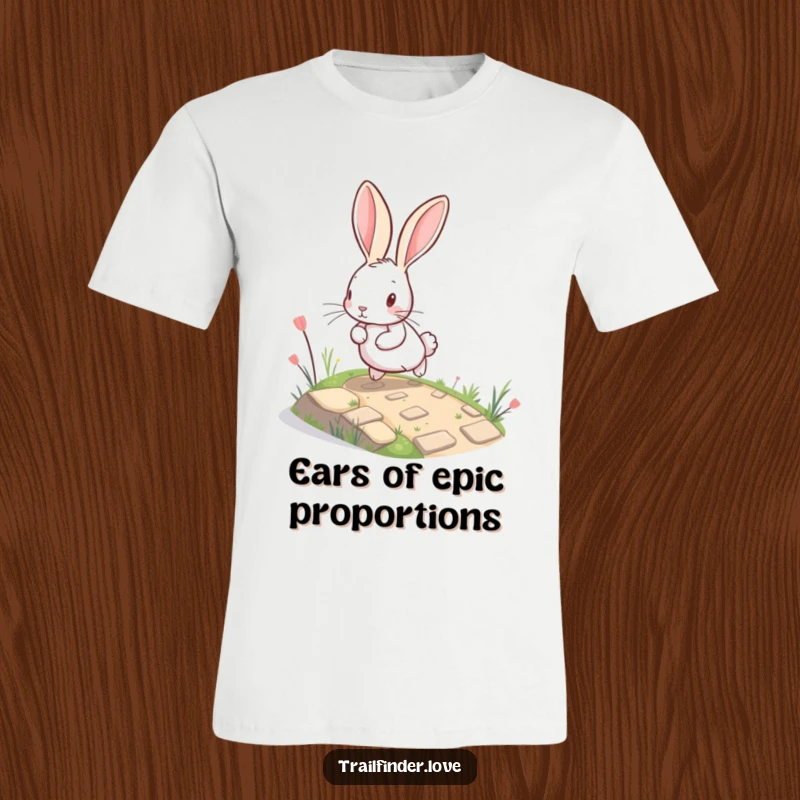 Funny Rabbit T-Shirt showing a charming, big-eared bunny energetically bounding up a winding, miniature path, symbolizing optimism and fun.