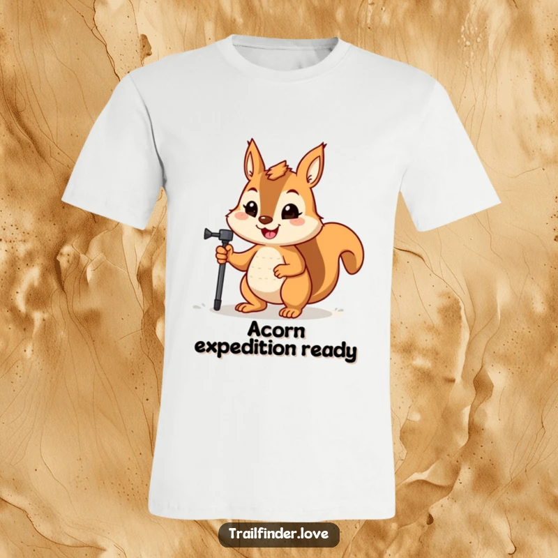 Funny t-shirt with a happy squirrel holding a hiking pole, its determined expression ready for any trail.