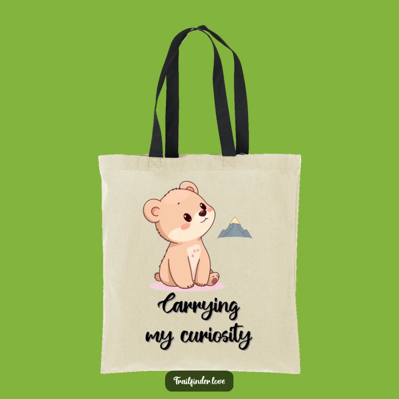 Funny Bear Cub Tote Bag: Curious Cub Gazing at Tiny Mountain, Stylish Funny Gift