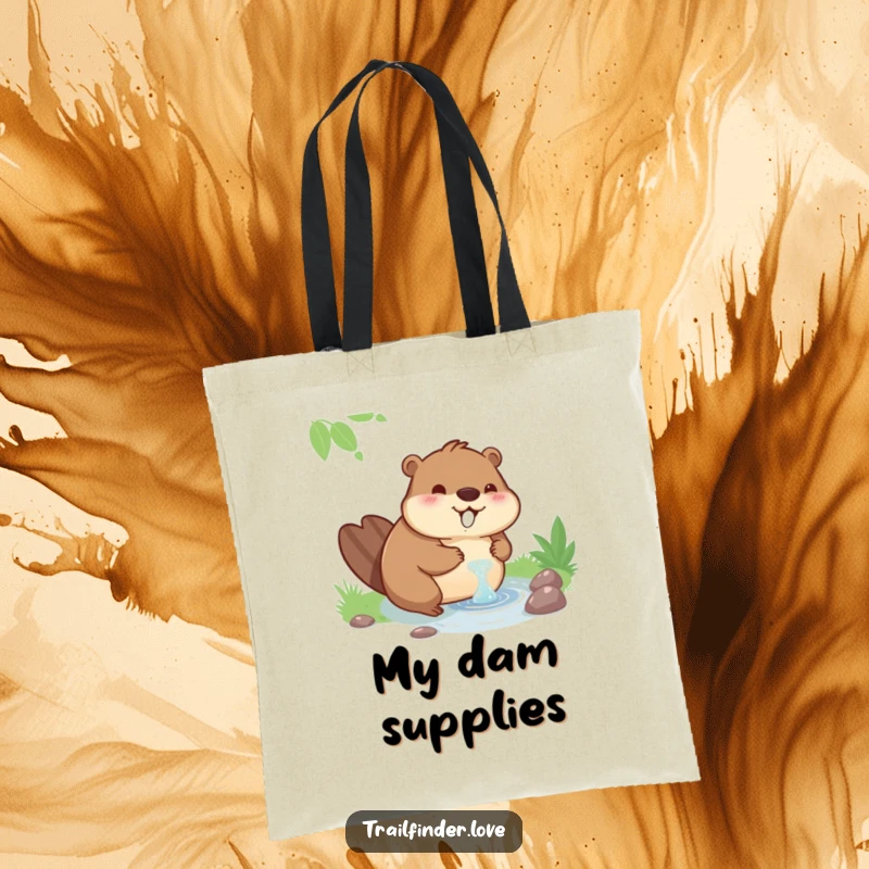 Funny tote bag featuring a contented beaver happily drinking from a stream, perfect for daily errands.