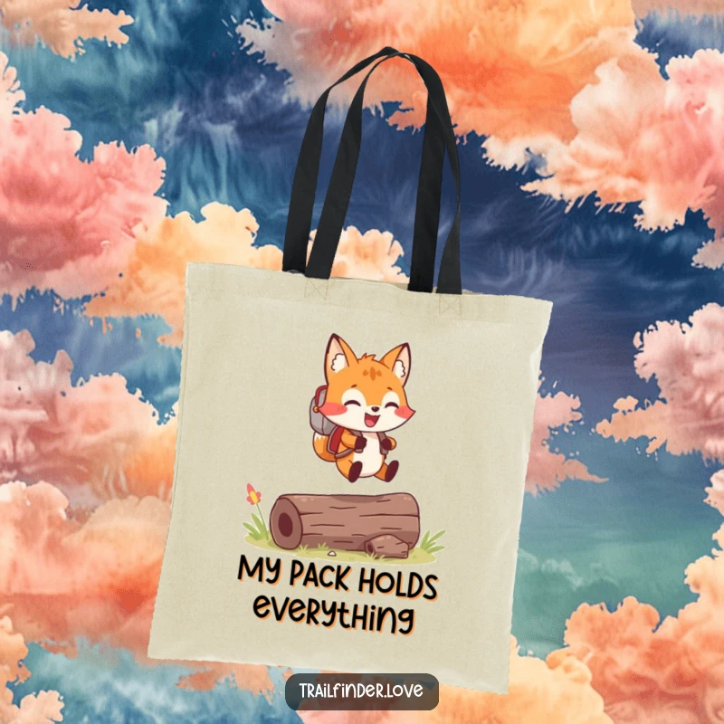 Funny tote bag with a cheerful fox wearing a small backpack, joyfully leaping over a log, embodying a spirit of adventure.